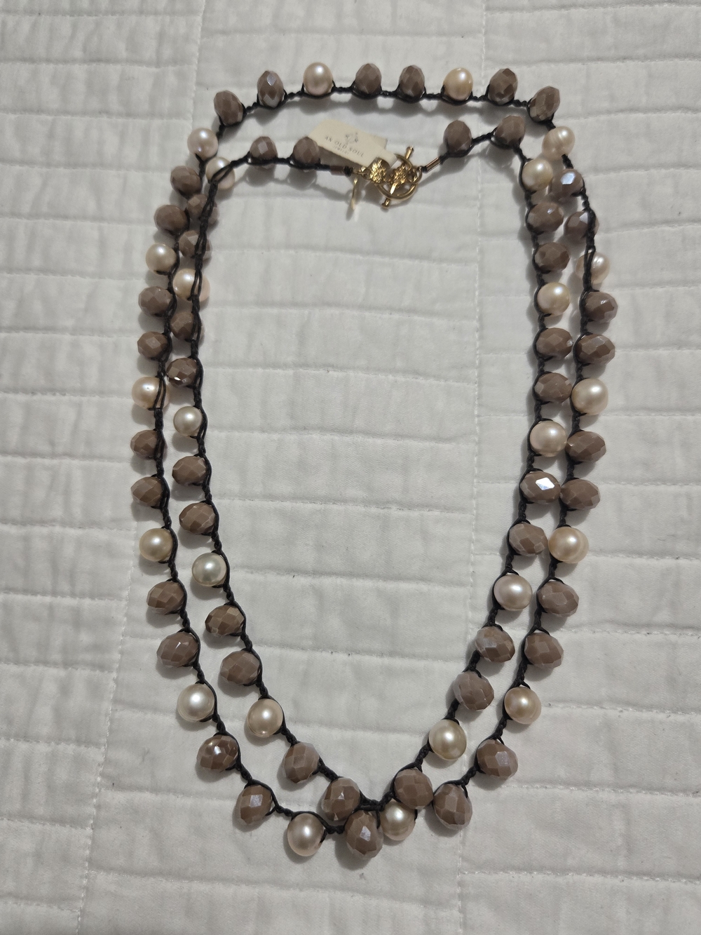 Handcrafted Double Strand Pearl & Faceted Bead Necklace - Taupe and Pearl